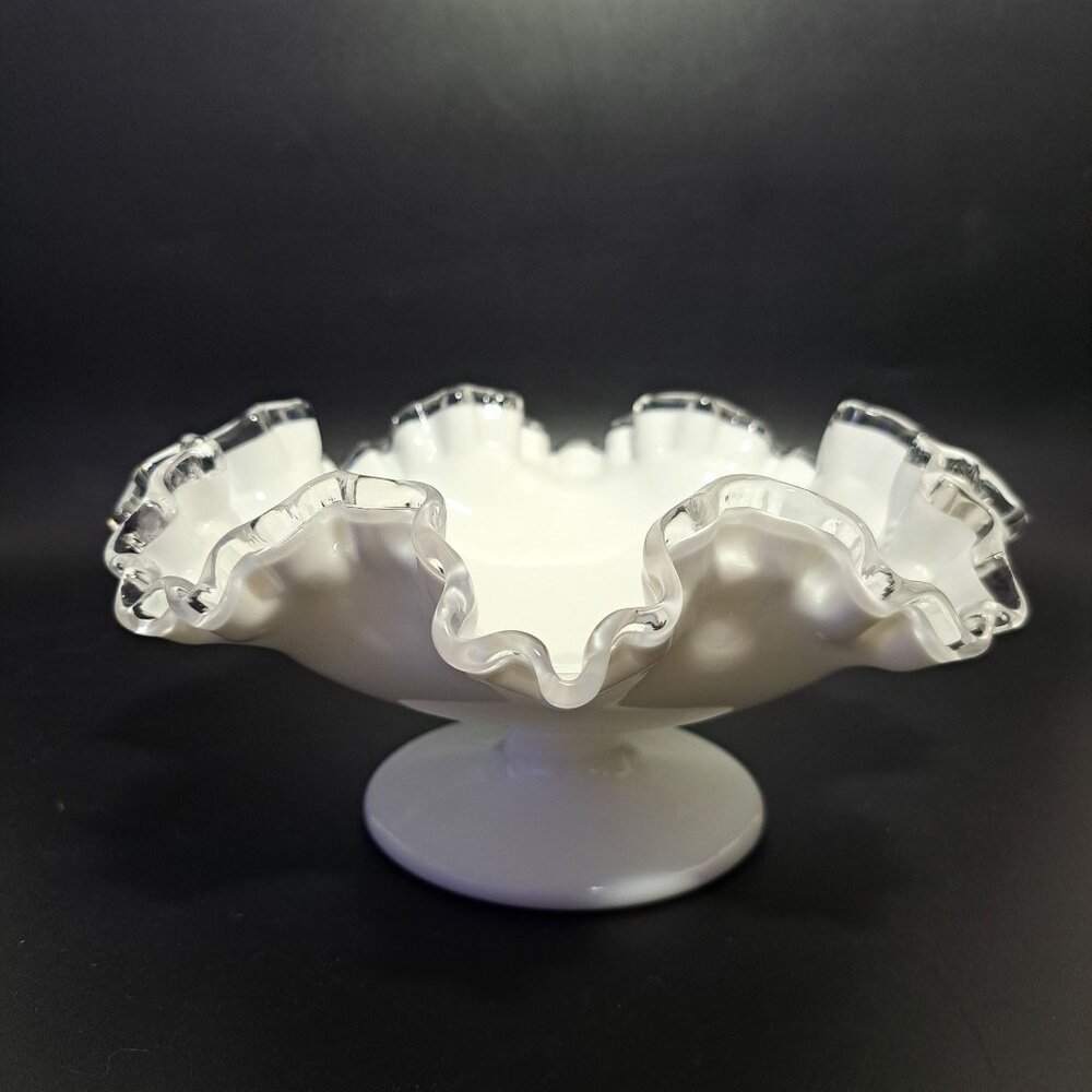 Fenton White Candy Dish Silver Crest Art Glass Ruffled Edge Decorative Vintage